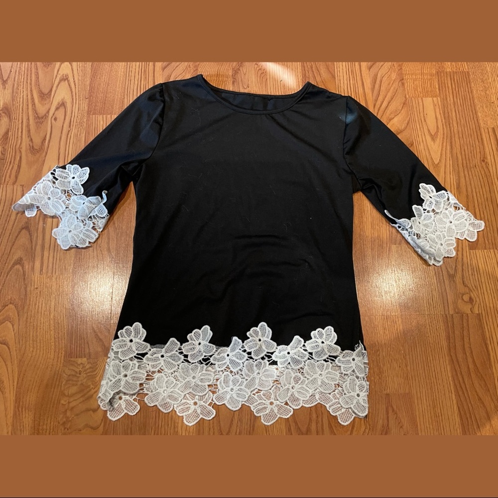 Homemade black blouse with lace accents